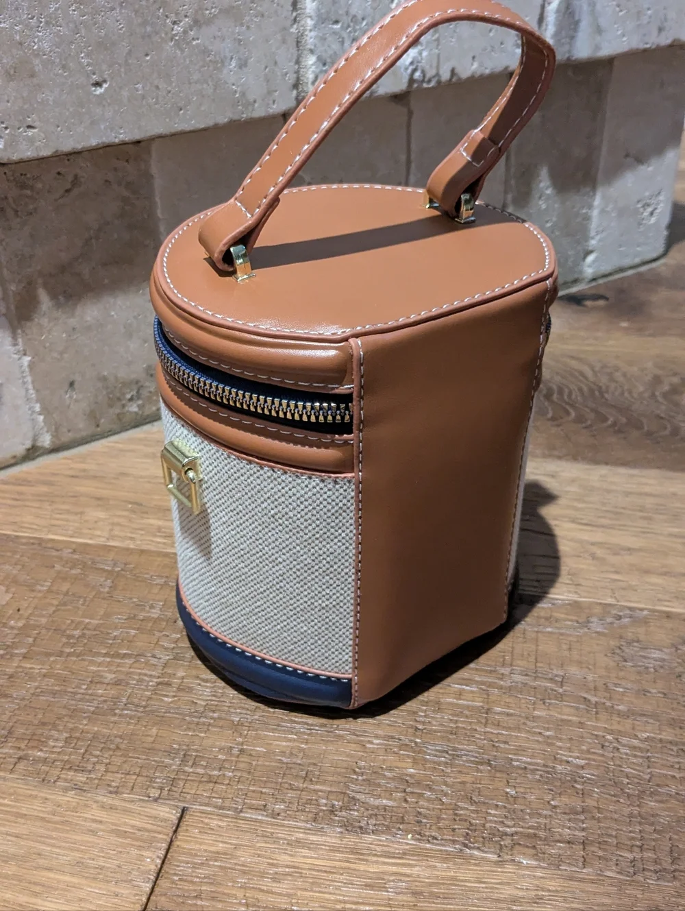 Navy & Tan Trimmed Canvas Barrel Bag with Fossil Navy Wallet - Picture 3 of 10